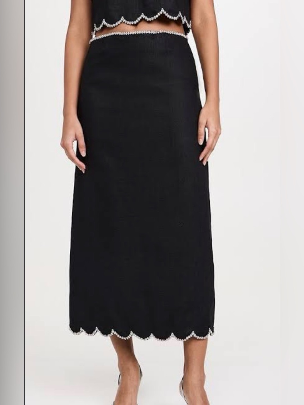 NWT $950 Zimmerman Crushed Black Scalloped-Trim Midi Skirt Size 10